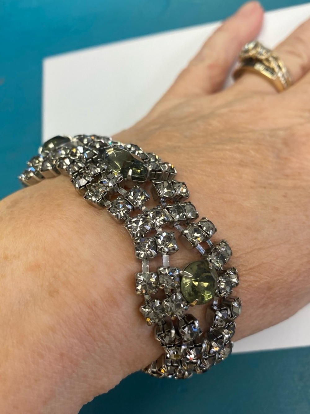 Vintage-Inspired Silver Crystal Bracelet with Olive Green Accents
